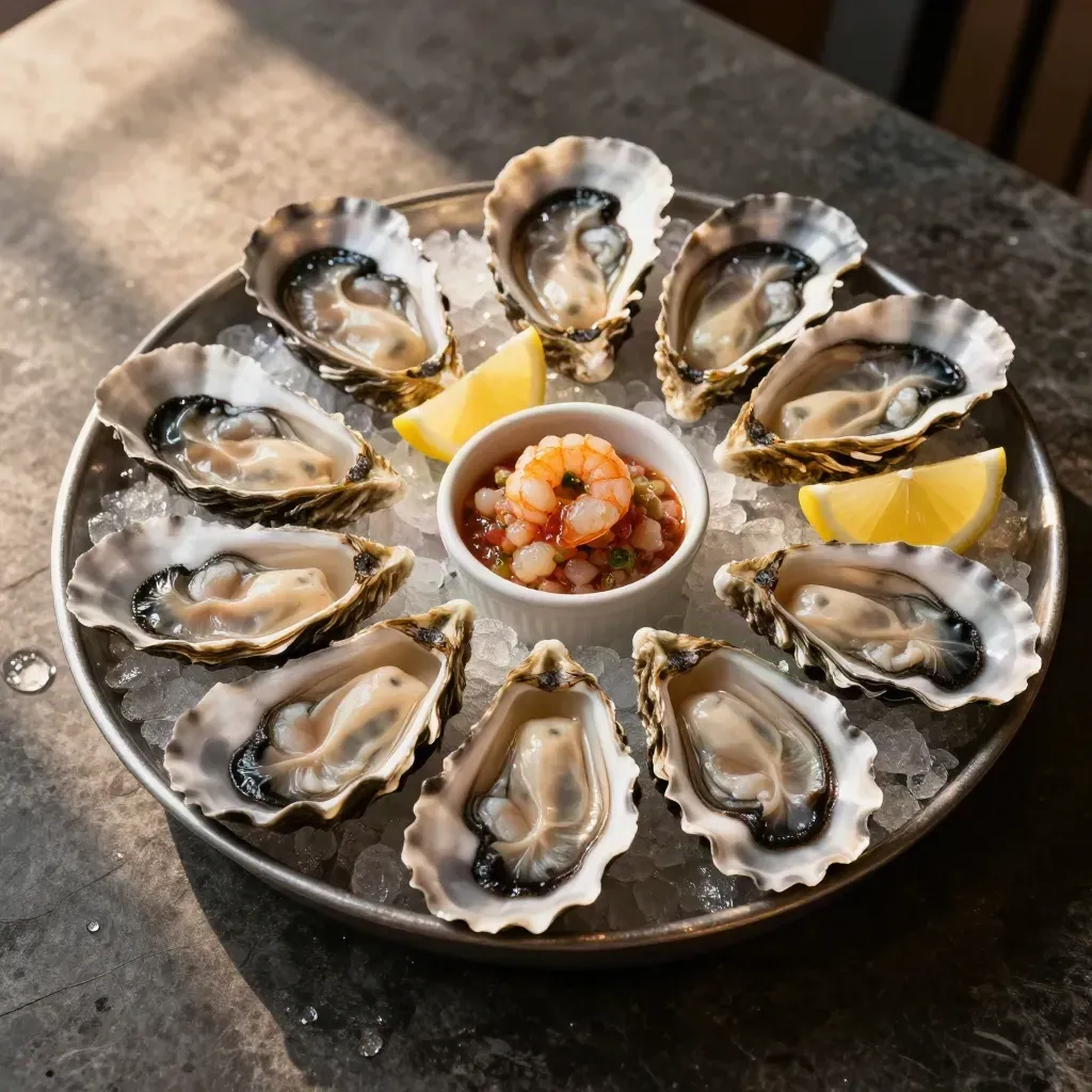 Ostriche, scampi e tartare su ghiaccio tritato con limone e mignonette.