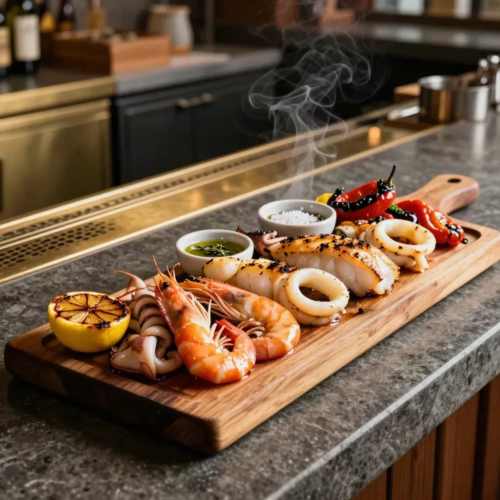 Grigliata mista di mare su tavola di legno, con fumo e contorni sul pass.
