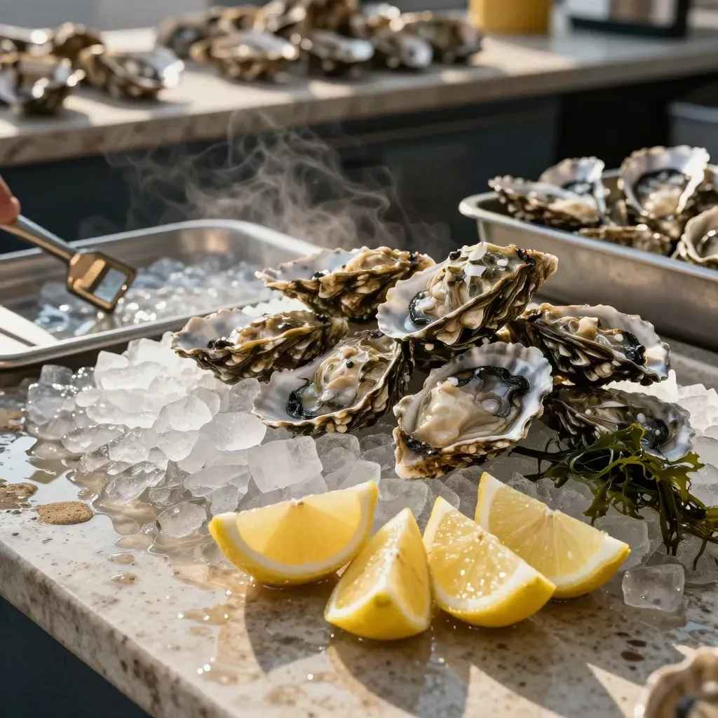 Banco ostriche su ghiaccio tritato con limoni e alghe, vapore freddo e vassoi lucidi.