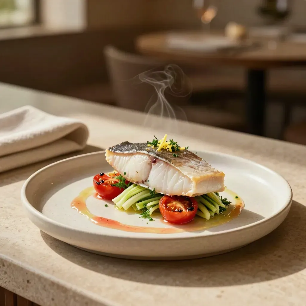 Filetto di pesce del giorno con finocchio, pomodori ed erbe su pietra chiara