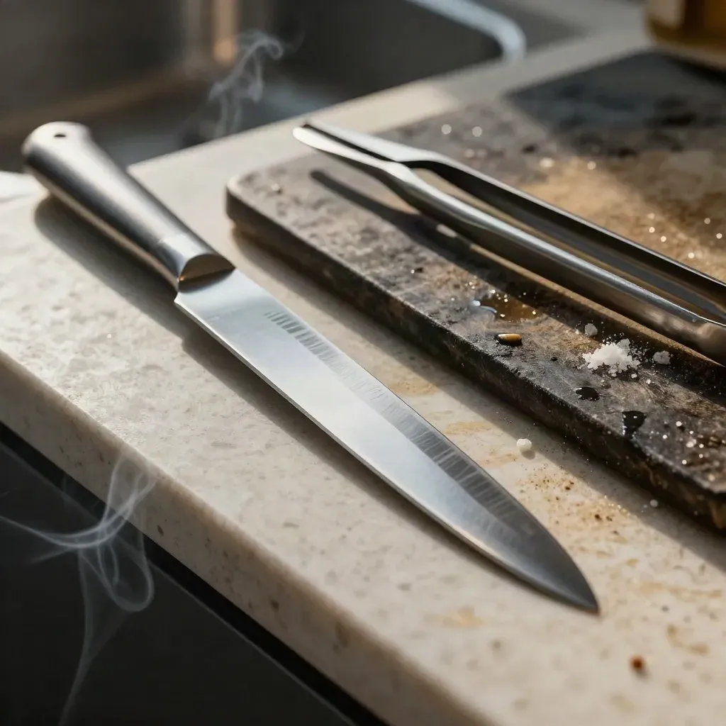 Utensili da chef per pesce su tagliere scuro, luce radente e lieve fumo.