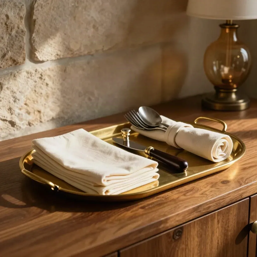 Vassoio in ottone, tovaglioli piegati e posate per il servizio su credenza in noce.