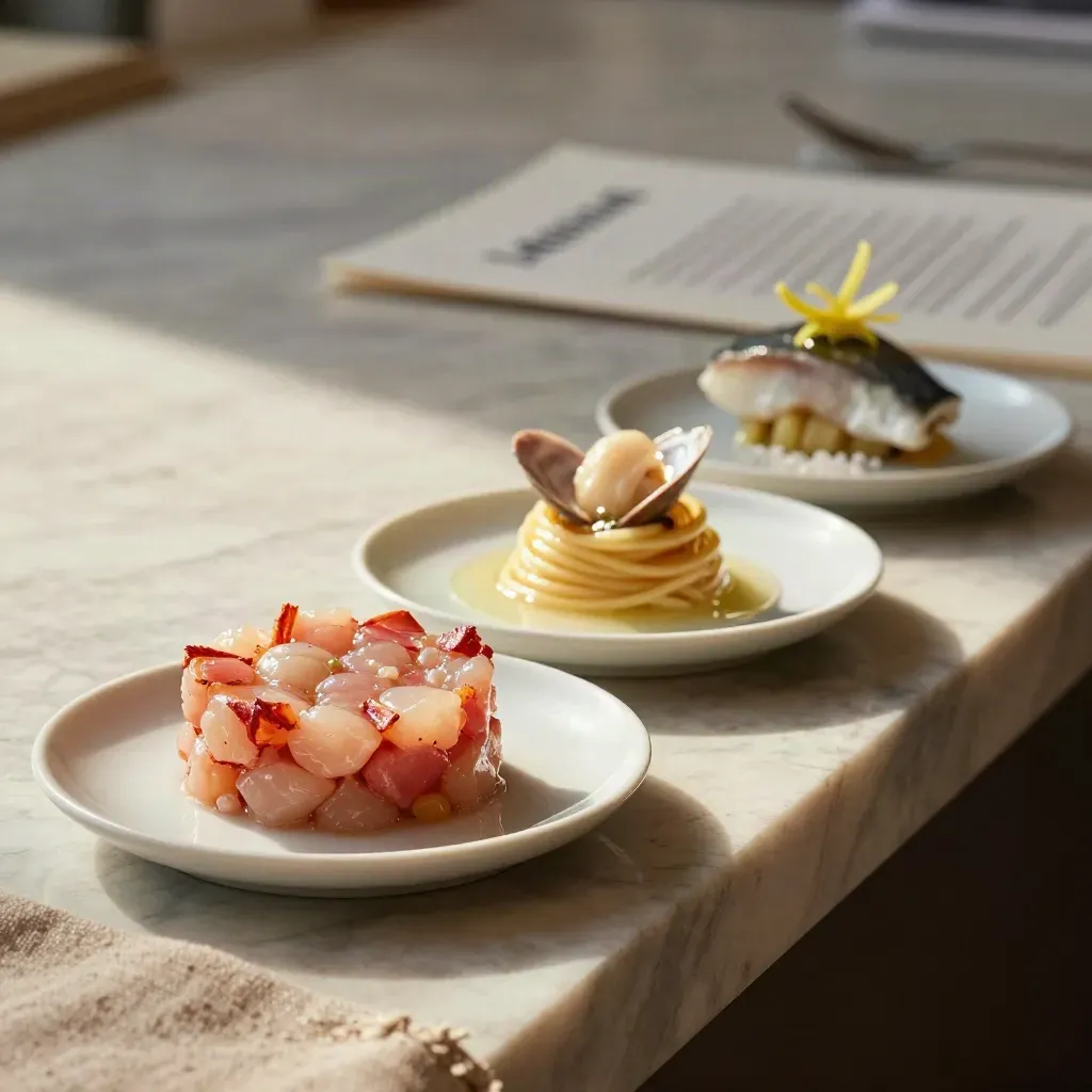 Tre assaggi di mare su mensola in marmo, con carta menu sfocata e luce laterale morbida.