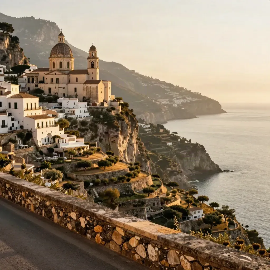 Vista dorata della Costiera Amalfitana con scogliere terrazzate, cupola alta e mare velato.